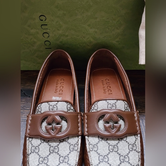$850 New Gucci GG Interlocking Men Driver Loafer Brown Leather Shoes G 8/US 8.5 main image 10
